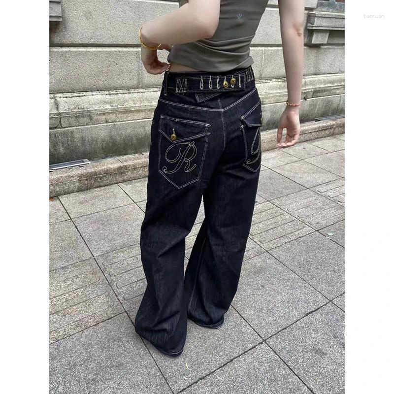 Jeans da donna ZHIZOU Baggy Design nero ricamo pantaloni in denim Y2K giapponese Harajuku anni 2000 estetica High Street Goblin Core 84