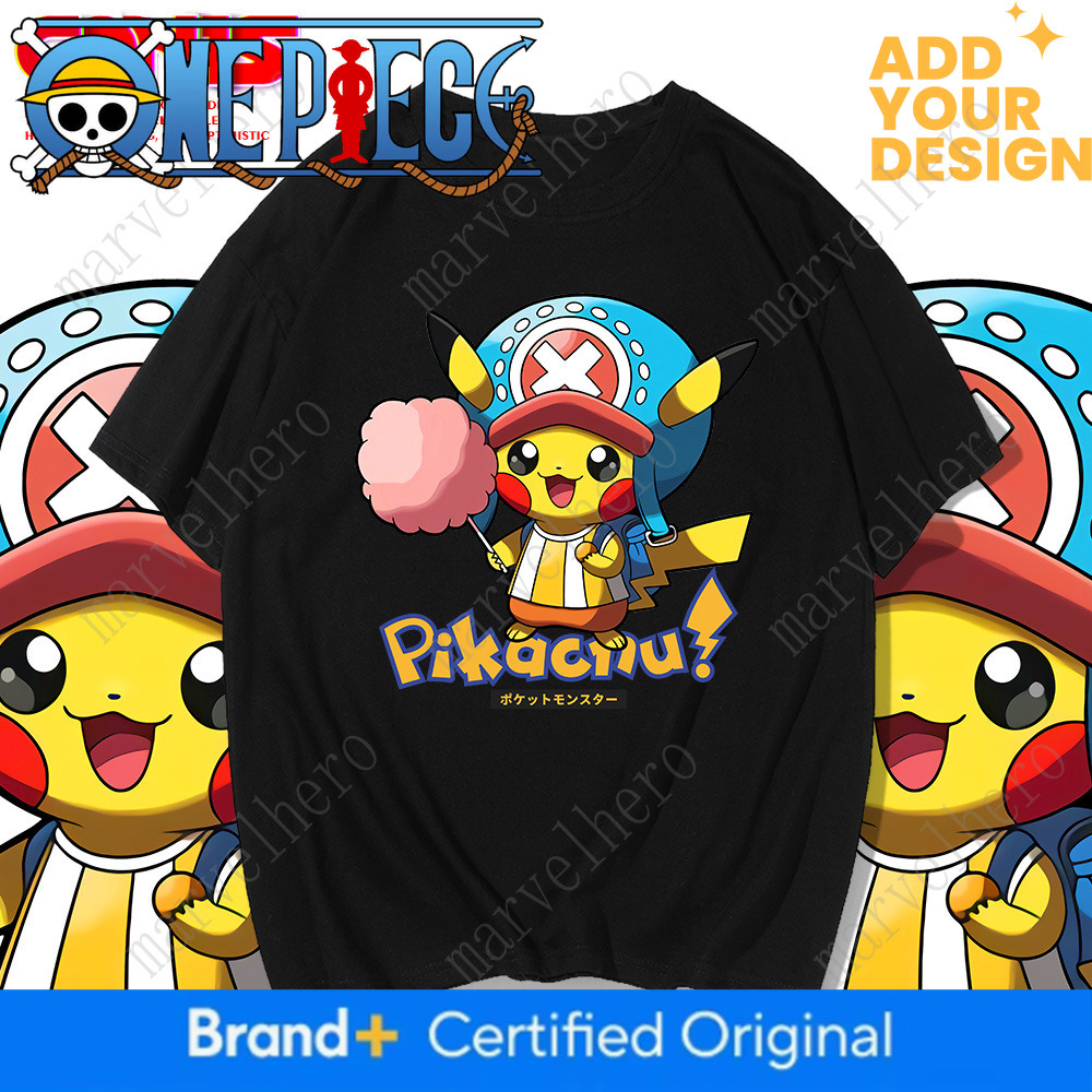 One Piece Chopper Short T-Shirt for Men and Women Summer Trendy Anime Pikachu Print Loose Cotton Half Sleeve Parent-Child Outfit