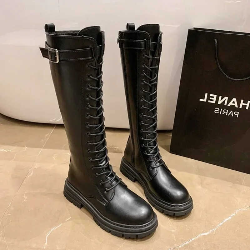 High Boots Female Women Combat Platform Gothic Shoes Black Leather Boots Lace Up Women Knee High Boots H260828