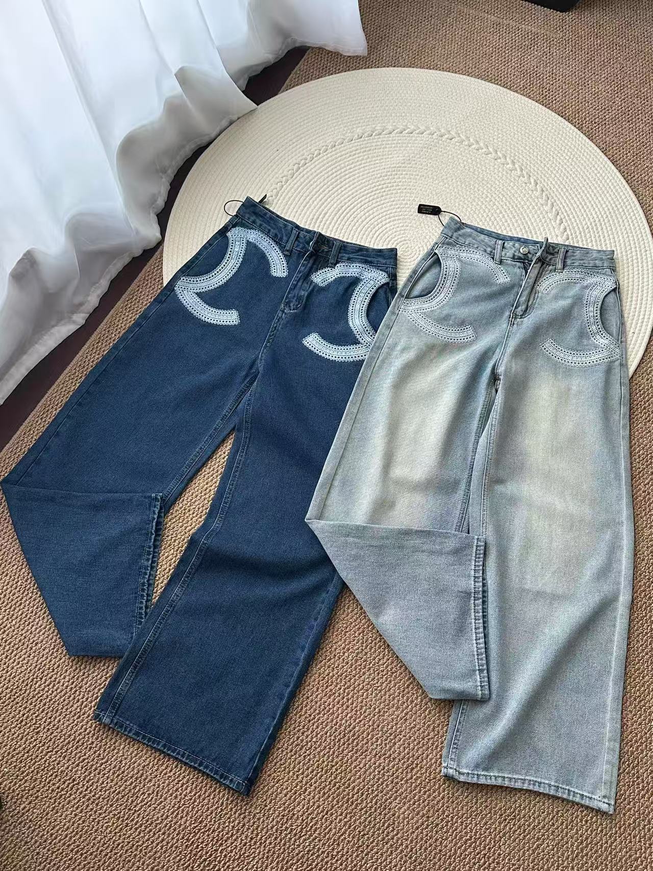 Fashion designerHigh-end American casual luxury diamond jacquard jeans for women - new early autumn style, Korean high-waisted loose flared skinny-l