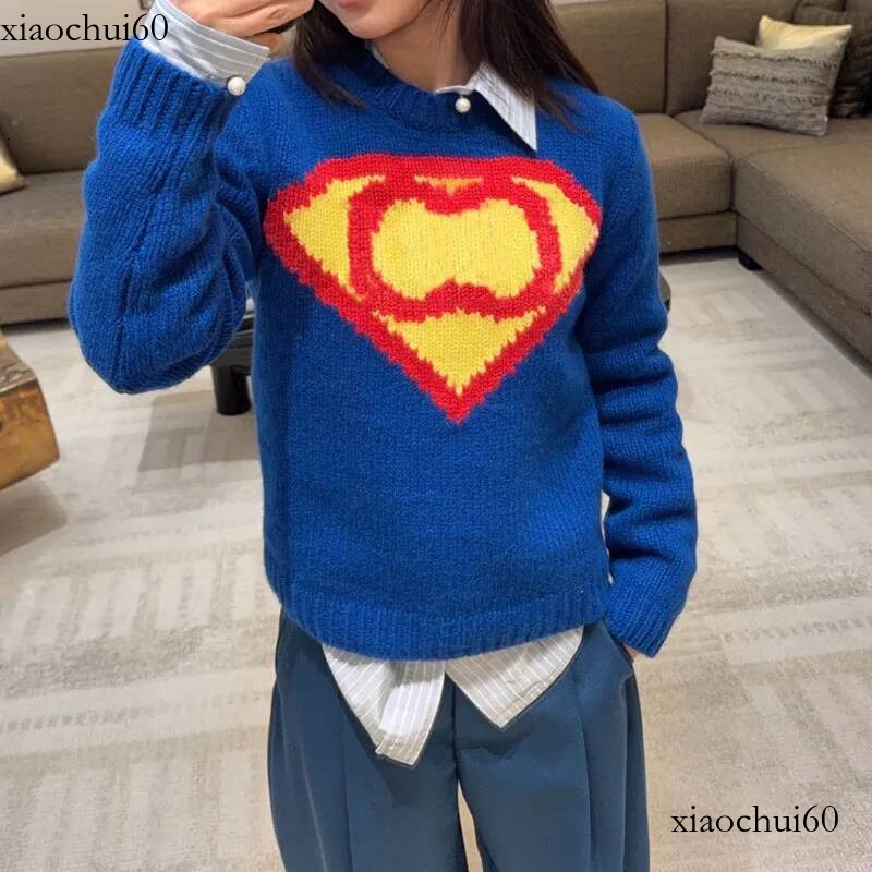 Brand Woman Trendy Knit Superman Sweater Long Sleeve Blue Warm Pullover Top Autumn Winter Daily Casual Outing Outfits