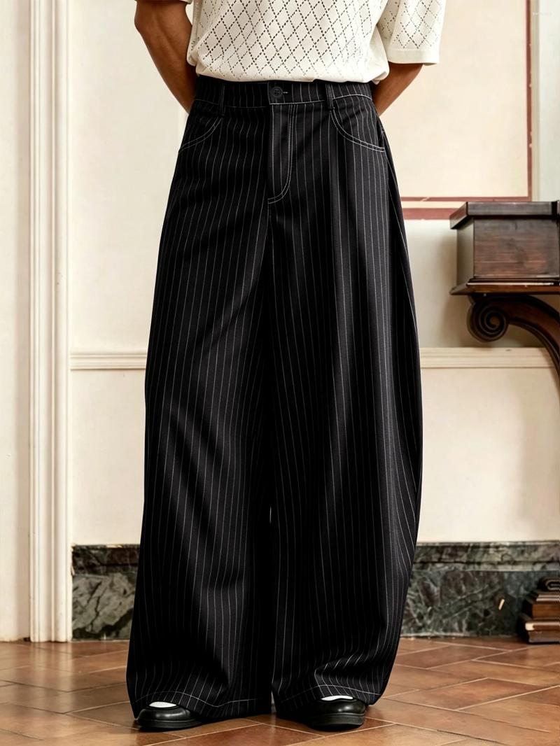 Men's Suits Vintage Pinstripe Baggy Wide Leg Pants 97% Polyester 3% Elastane Pleated High Waist Business Casual Black Navy Trousers