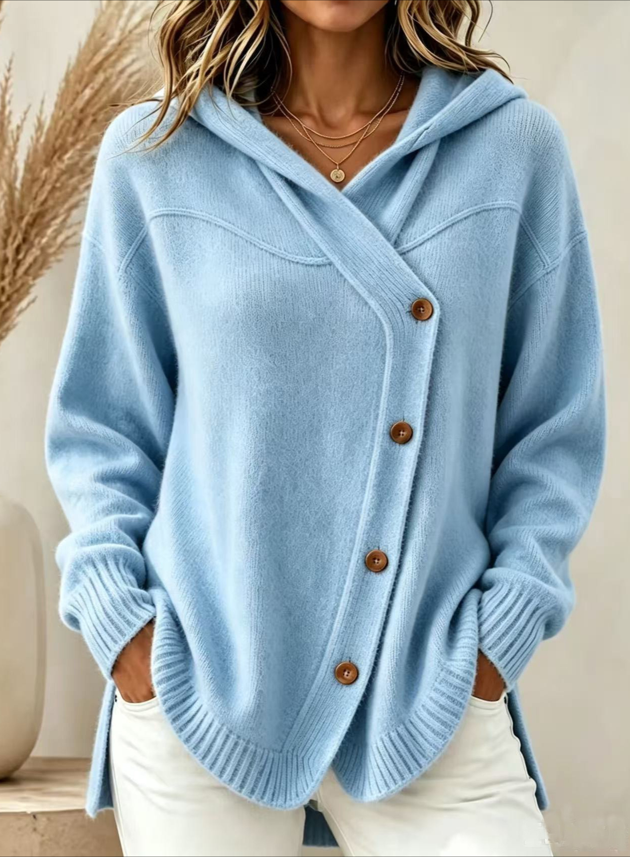 Adele195 Style européen et américain automne/hiver nouveau pull pour femme décontracté bouton ample à manches longues à capuche Cardigan