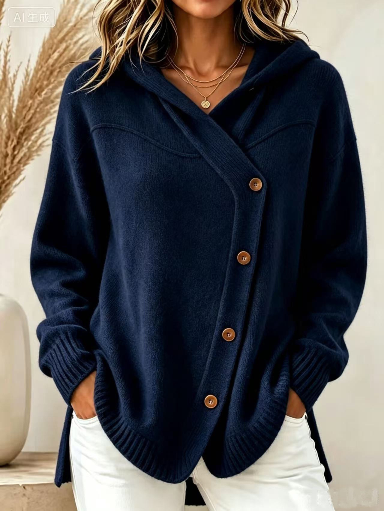 1722 European and American style autumn/winter new women's sweater casual loose button long sleeve hooded cardigan