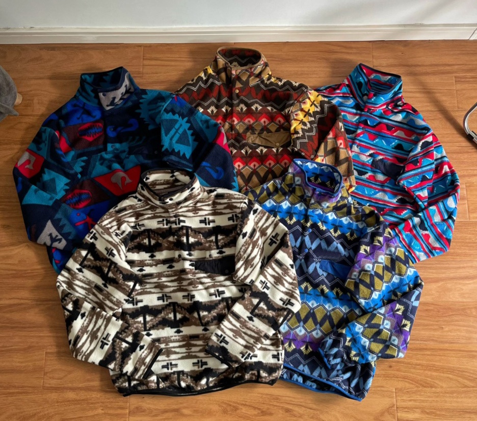 Men's Designer Vintage Fleece Pullover Outdoor Retro Color Block Hiking Camping Warm Loose Sweatshirt Jacket