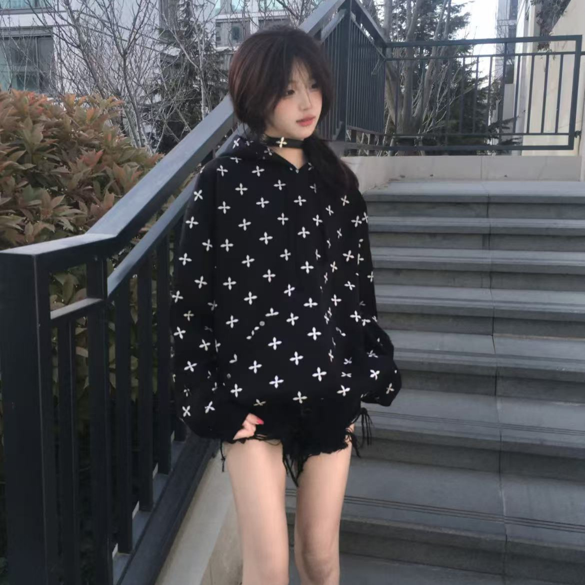 SMFK Wild Mustang Women Cross Flower Streetwear Matching Set Crop Tee Hoodie Flare Pants Cami Tank Top Y2K Hip Hop Outfit Suit