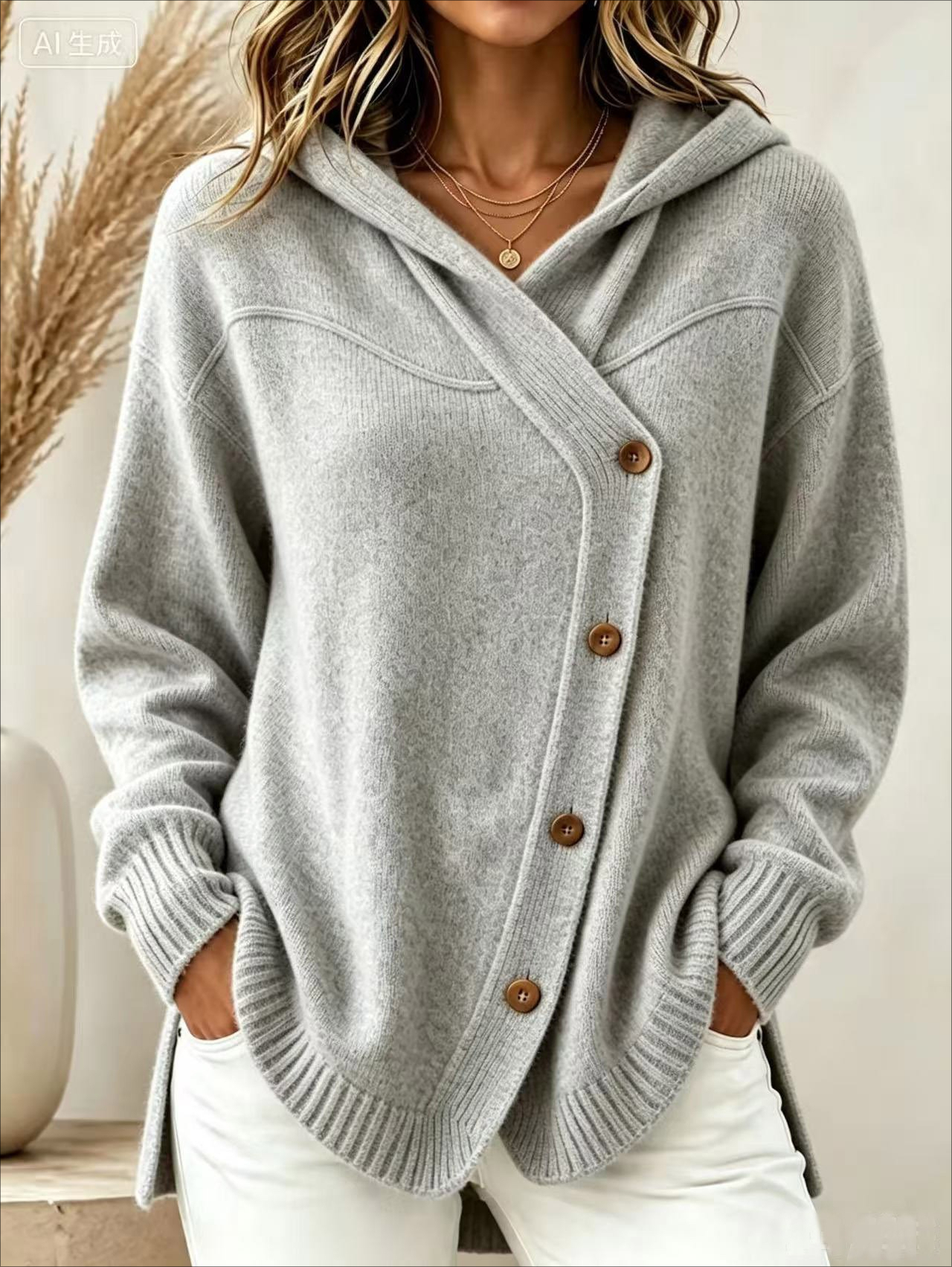Cardigan à capuche et manches longues pour femme, pull décontracté, ample, avec boutons, style européen et américain, nouvelle collection automne