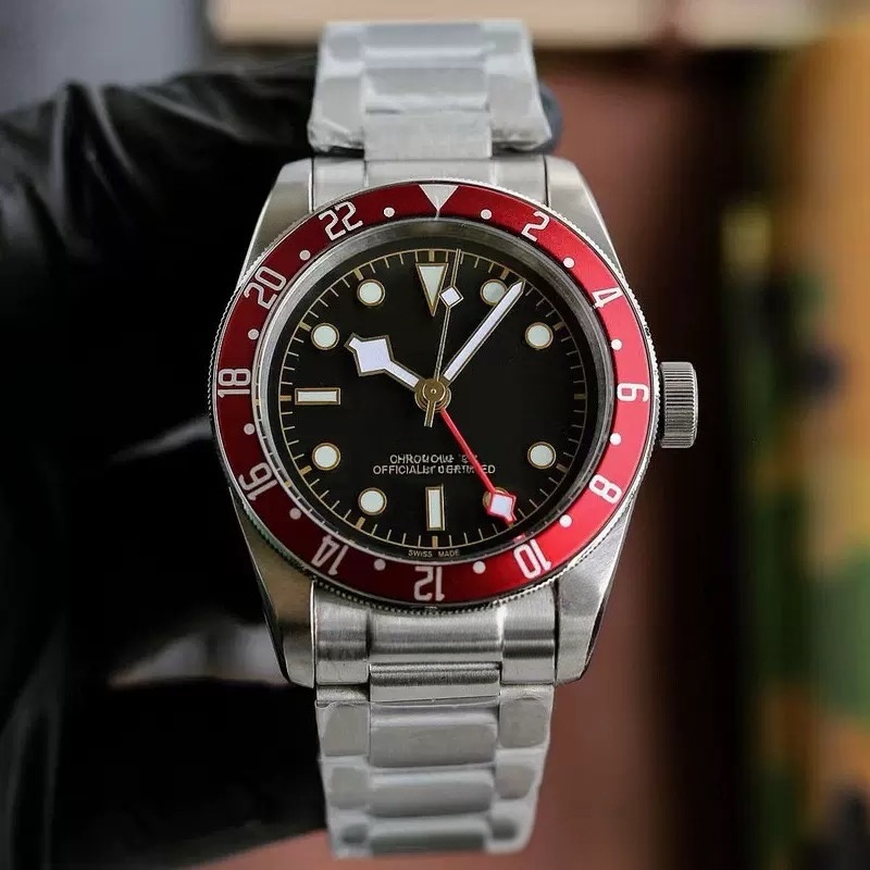 Men's Vintage M79830RB-0001 Automatic Mechanical Watch 41mm Red Blue Black Dial 904L Stainless Steel Bracelet Luminous 200M Waterproof Diving S