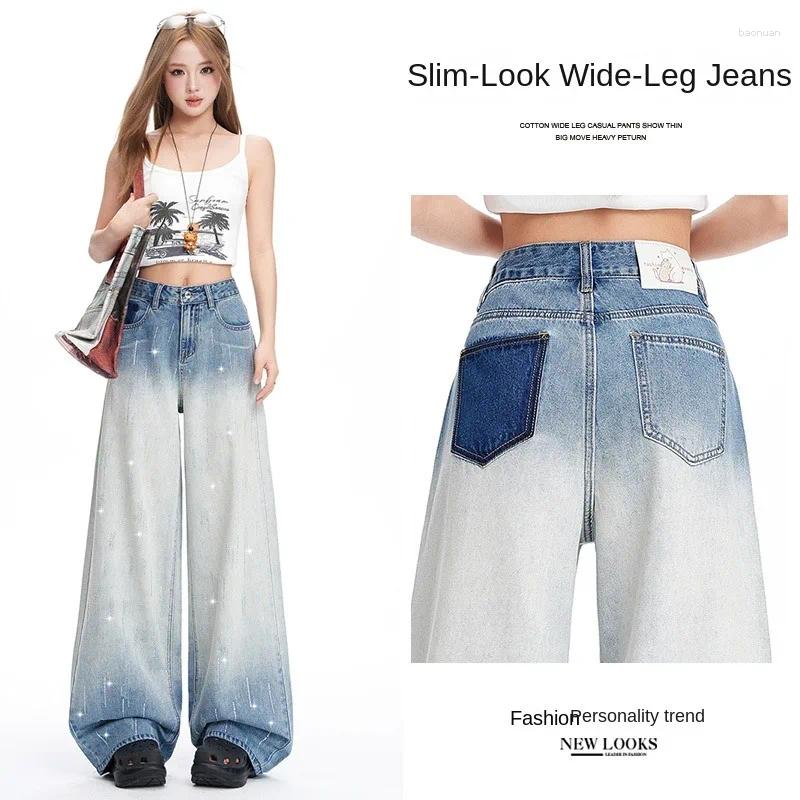 Jeans da donna Primavera Autunno American Gradient Vita alta Pantaloni in denim a gamba larga Scintillanti strass Design sottile e1