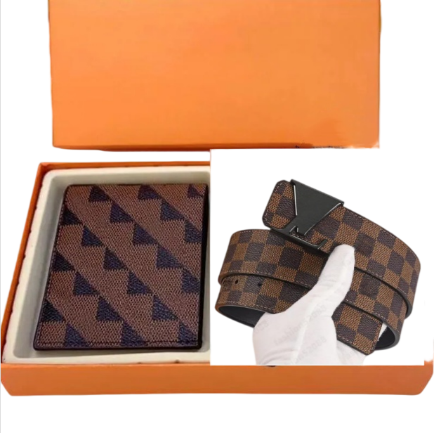 Belt Ensemble de portefeuille de ceinture à carreaux de luxe pour hommes, style design avec boucle monogramme, boîte-cadeau d'accessoires d'affai