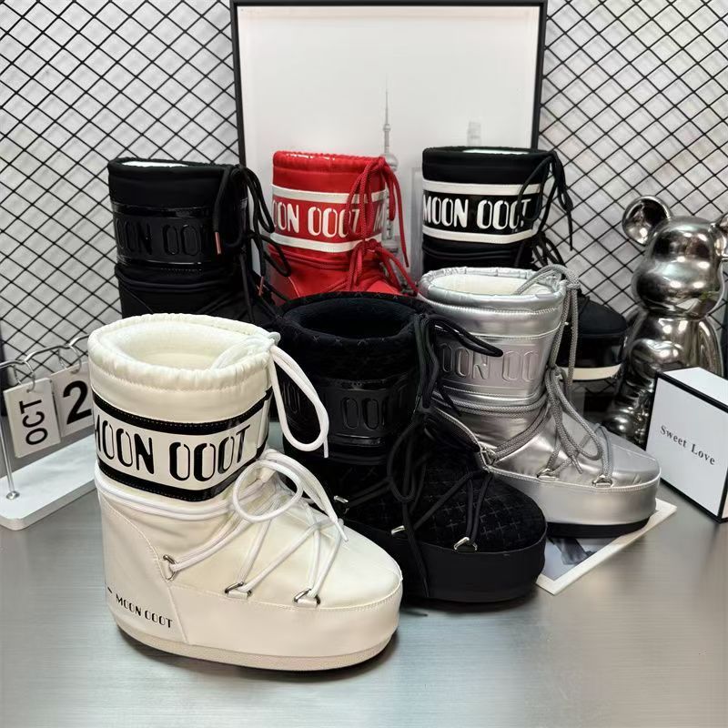 Fashion Moon Snow Boots New 2025 Winter Medium and High Tube Lace-up Cotton Non-slip Warm Ski Shoes 35-42