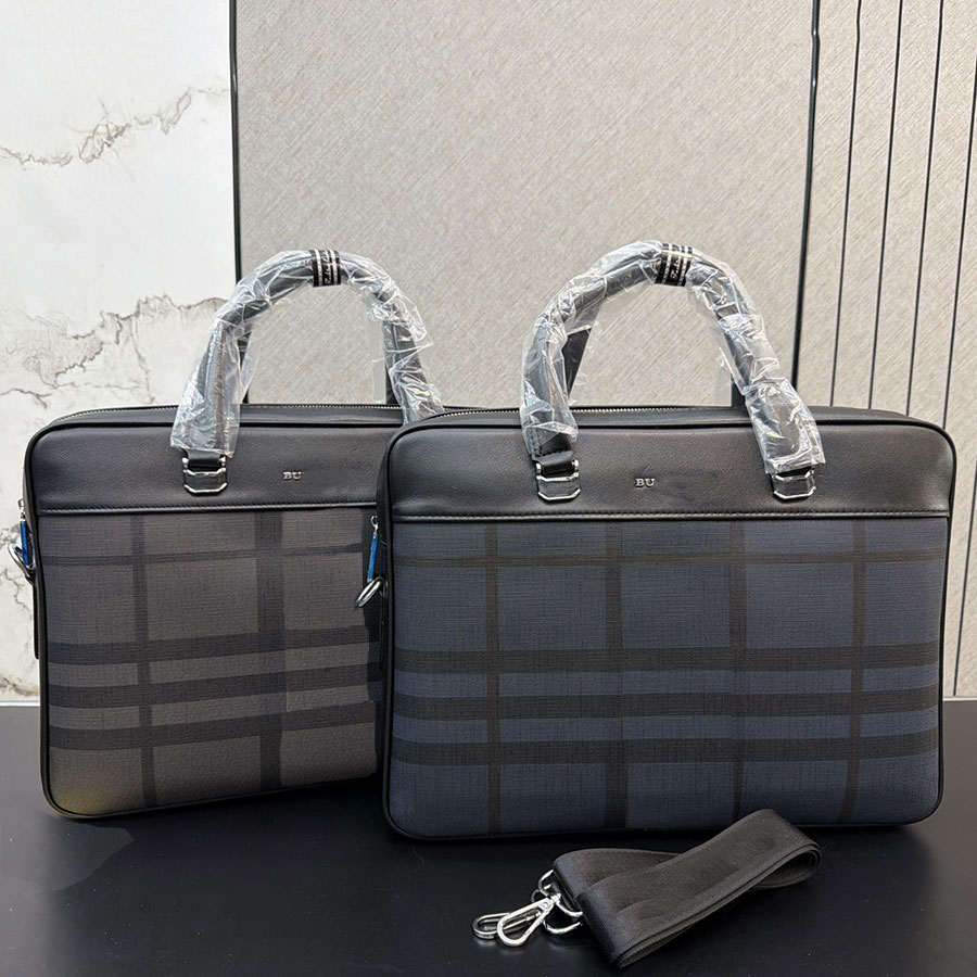 Luxury Men Plaid Pattern Briefcase Classic 15 Inch Laptop Handbag Business Office Shoulder Bag with Detachable Strap 2 Colors