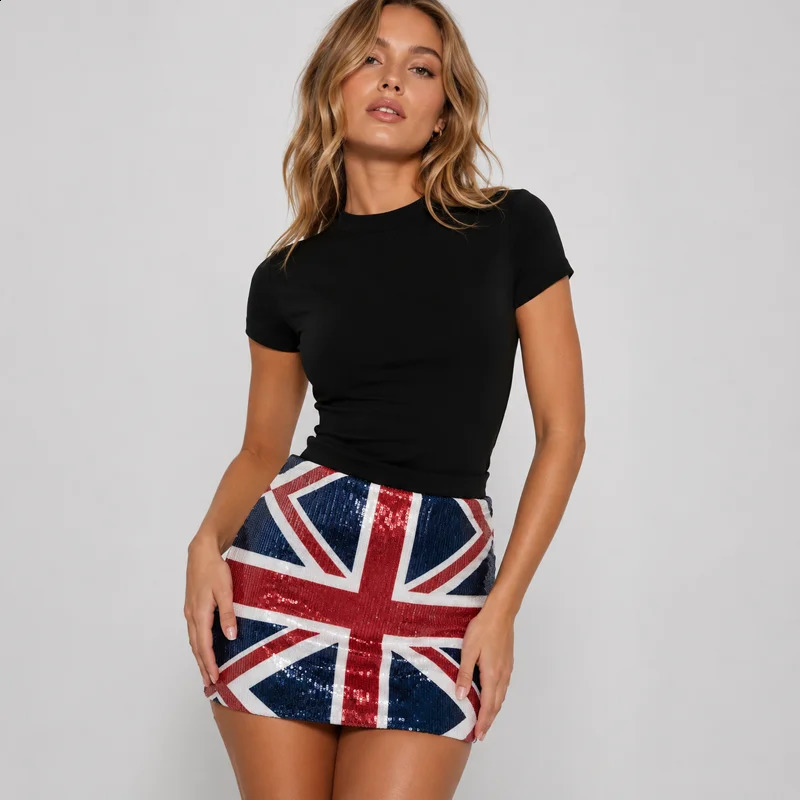 Womens Sequin Mini Skirt British Flag Print Y2K High Waist Bodycon Party Clubwear Sexy Short Skirt Fashion 260828