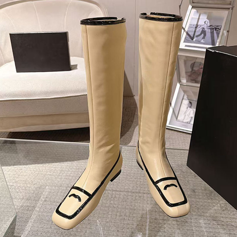 Womens Two Tone Trim Embroidered Flat Knee High Leather Boots Women Square Toe Knee High Boots Womens Embroidered Rear Zip Vintage Boots