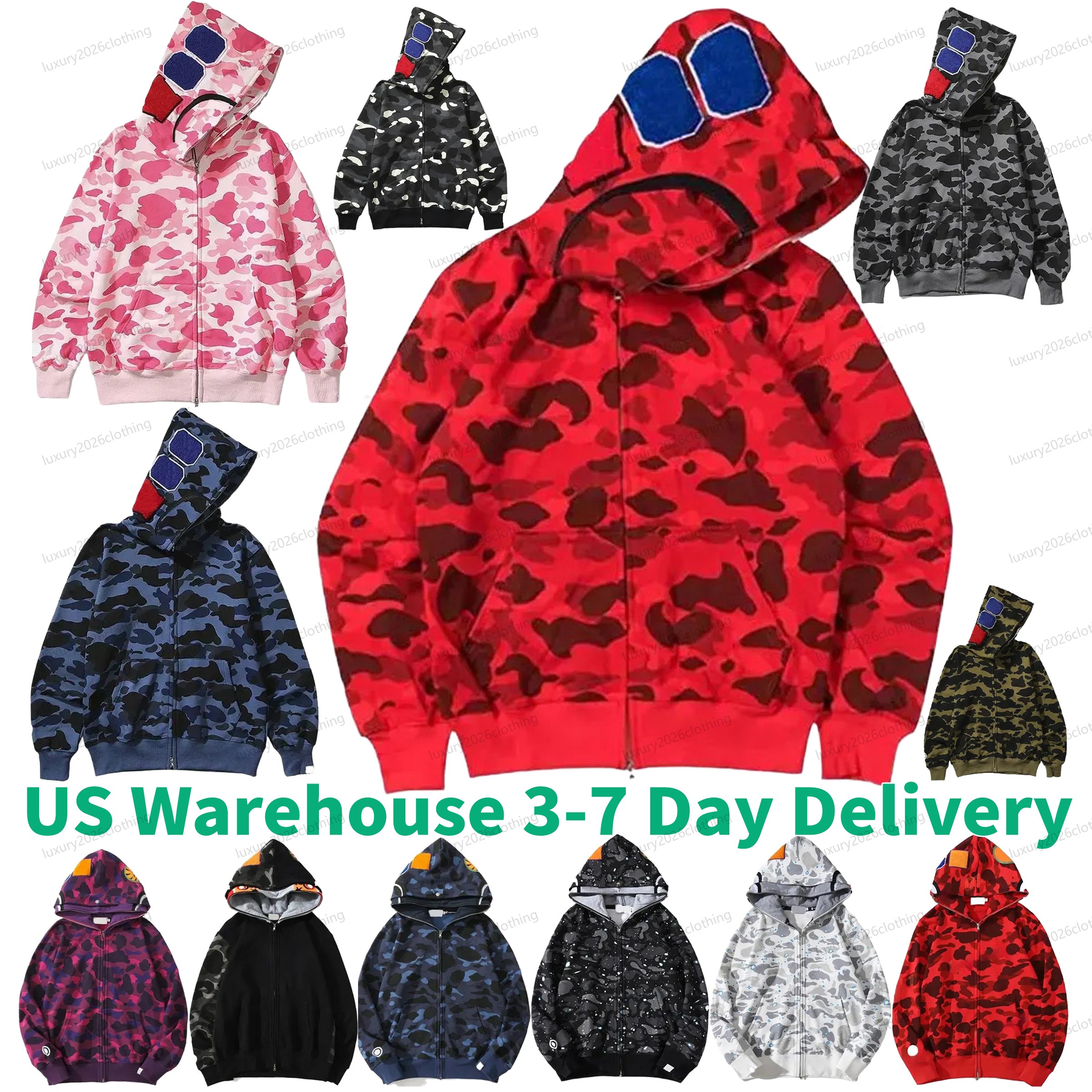Designer Shark Mens Hoodies Men Clothing Jacket Full Zip Up Hoody Jackets T Shirt Shorts Men Women Pure Cotton Sweetwear Camouflage Pattern Hoodie S