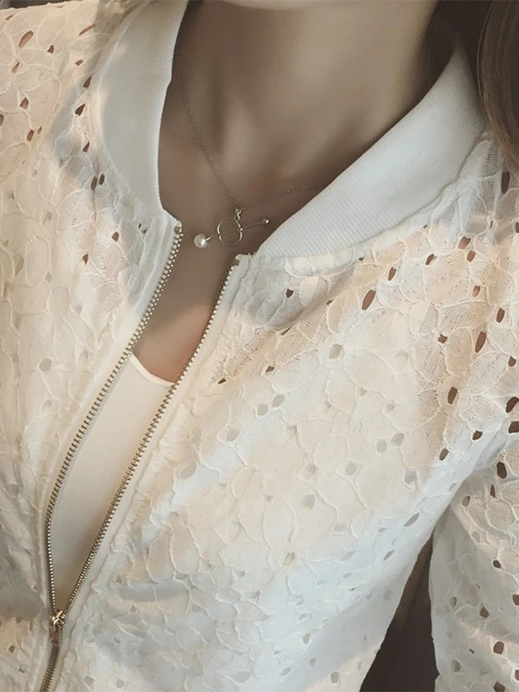 Women's Summer Thin Jacket White Lace Long Sleeve Sunscreen Women Clothing Hollow Out Breathable Bomber 260812
