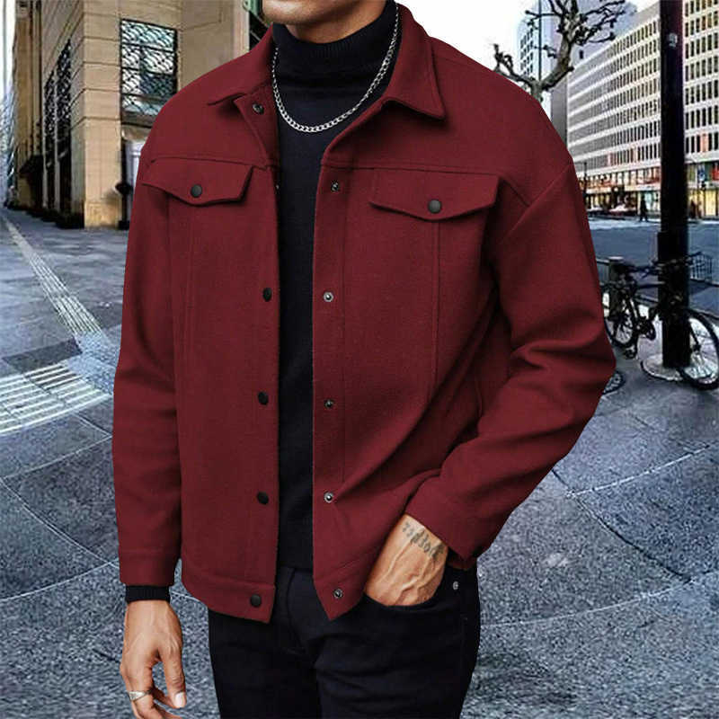 Loose Short Shacket Soft Men Brushed Fabric Autumn Winter Business Daily Casual Fake Decor Chest Flap Lapel Fashion Outer Jacket D260828