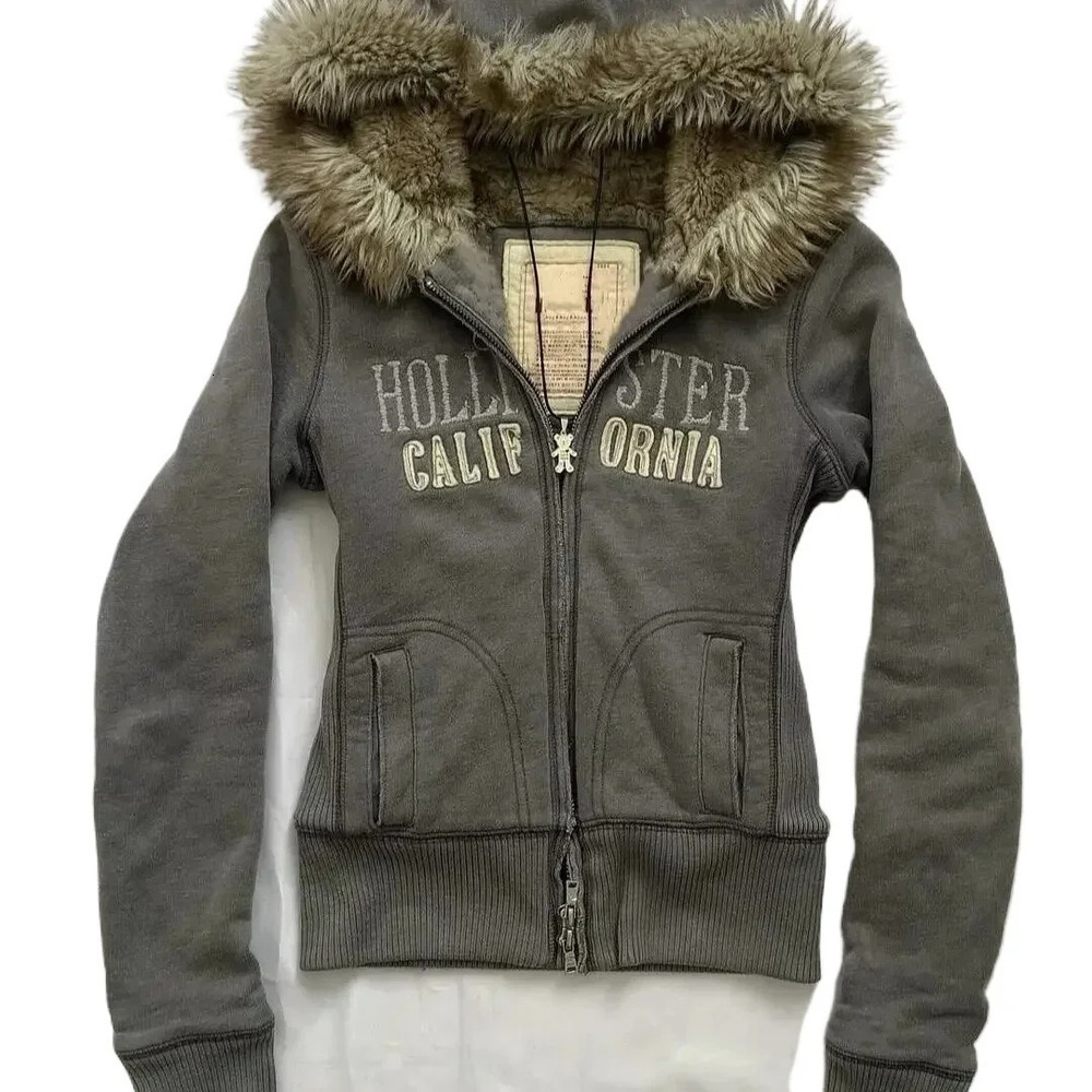 Hollister Jacket Designer Jacket Y2k Jacket American Retro Fur Collar Hooded Sweater Womens Winter Long Street With Velvet Pad Cardigan Casual Jacke