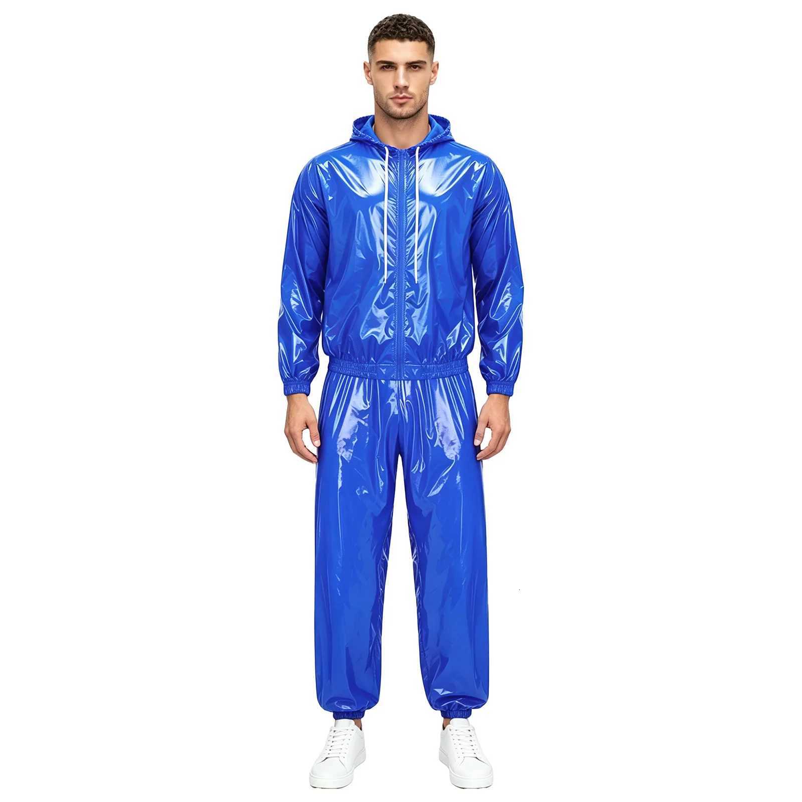 Mens Hooded Tracksuit Waterproof Sauna Outfit Long Sleeve Front Zip up Drawstring Hood Jacket Windbreaker Jogging Track Pants Q260827 19