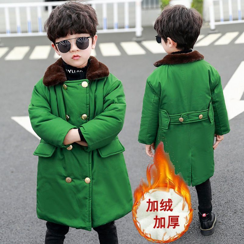 2026 New In Stock Children's Coat Extra Cotton Padding cologne perfume Thickened Mid Length Winter Military Green Boys' Jacket With Fleece