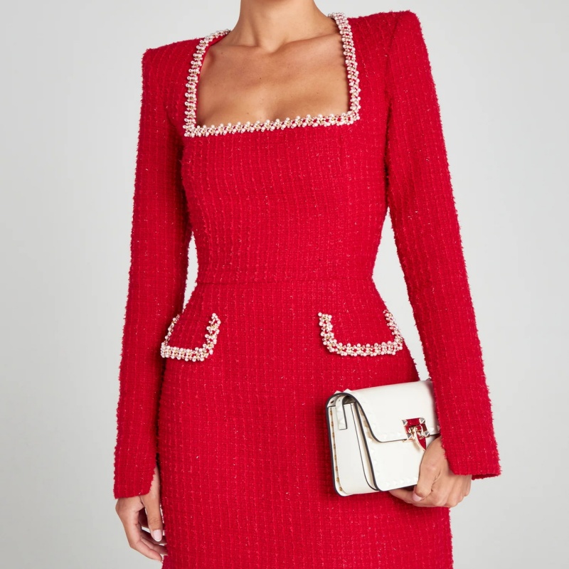 Femmes À La Mode Col Carré À Manches Longues Tweed Mini Robe Perle Strass Bord Orné Taille Haute Ajustée Silhouette Robe De Soirée Formelle