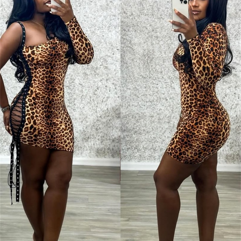 Col incliné Robe nouée Robes de créateurs pour femmes Robe de femme de luxe Élégante personnalité de la rue Imprimé léopard Robe sexy Lady Slim F