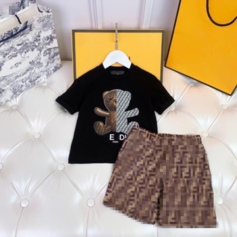 Boy and Girls Summer Short Sleeves Tees Shorts 2-piece Clothes Set Cartoon Letter Print Breathable 100% Cotton T shirt Sports Casual Suit