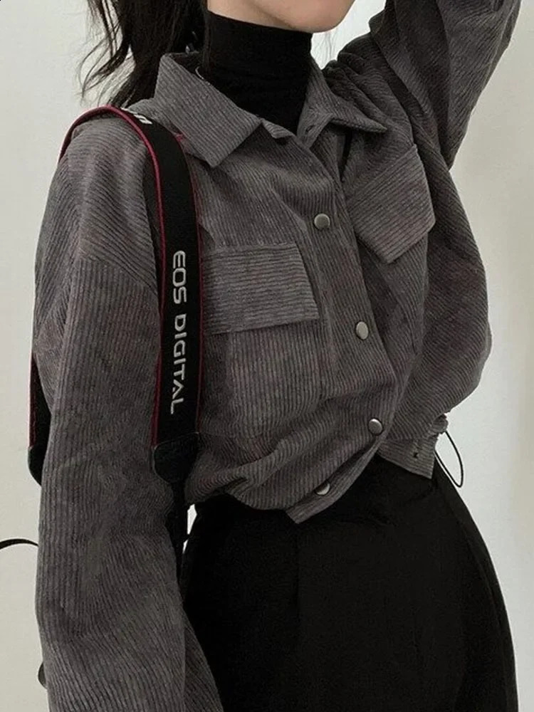Women Vintage Corduroy Cropped Jacket Korean Fashion Long Sleeve Drawstring Blouses Female Loose Single Breasted Coats Cardigan 260827