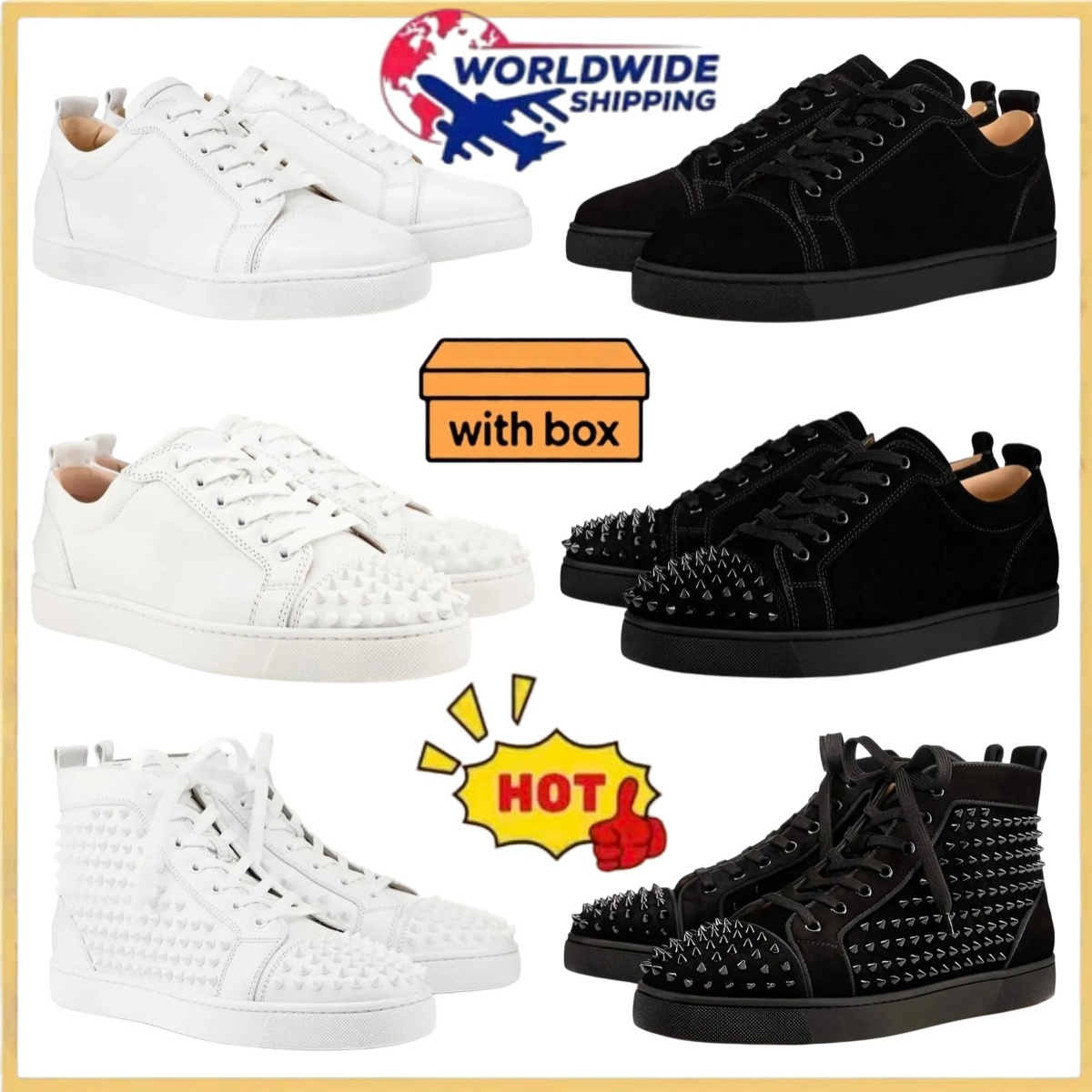 Red bottom shoes men Spiked Studded Sneakers Black White Leather Suede Lace up Casual Daily Wear Party Street Fashion Flat Shoes 36-47