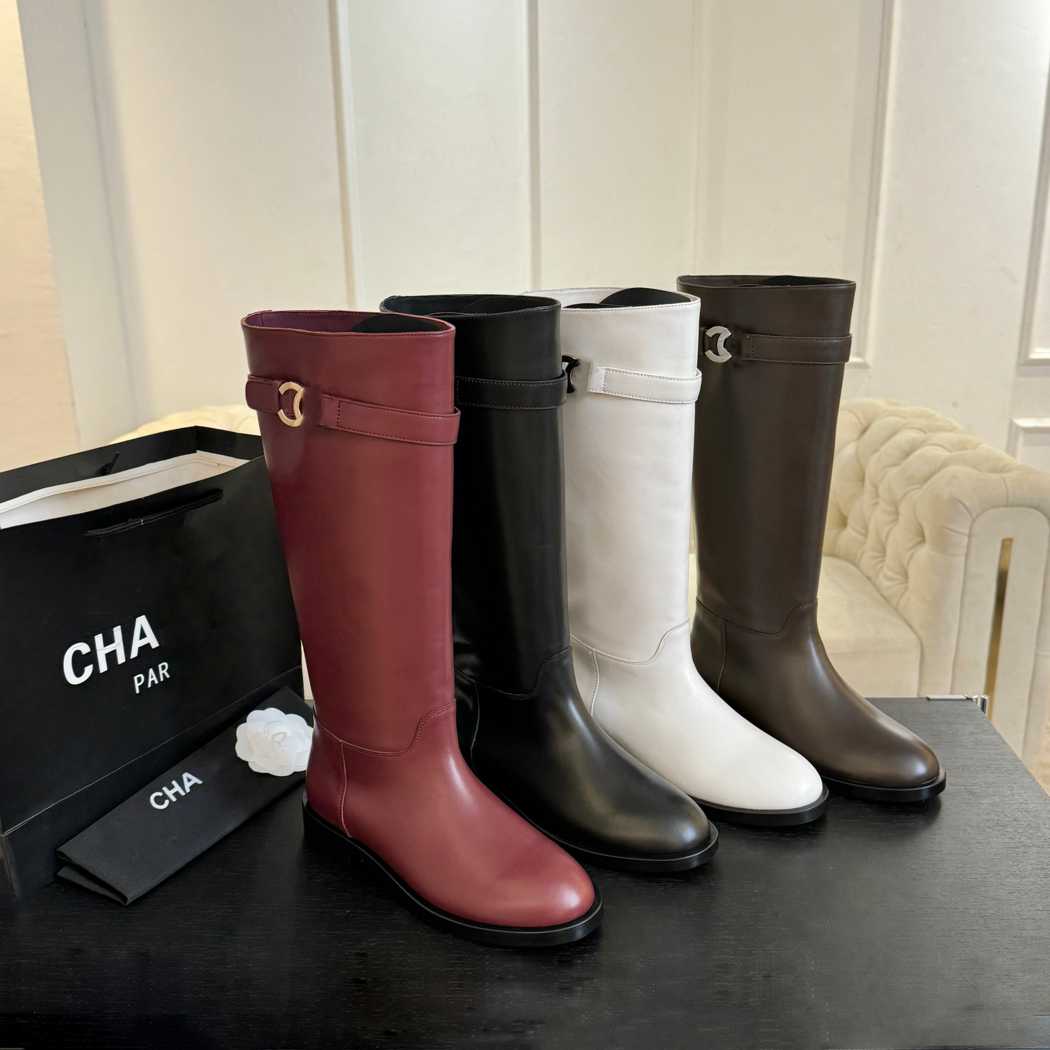 CC Designer Shoes Women's Shoes Flat High Boots Autumn And Winter Multi-color Buckle Leather Size 35-42 With Box