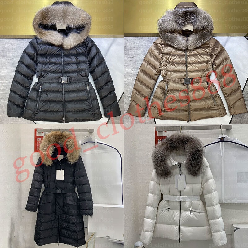 Womens designer luxury jacket winter down jackets fur collar coats warm fashion parkas with belt lady cotton Long coat big pocket Hooded Coat Casual