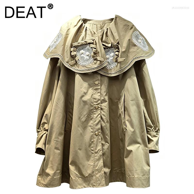 Women's Jackets DEAT 2026 Autumn Elegant Style 3D Lace Flower Embroidered Cape Collar Trench Coat For Women Single Breasted 29A9576