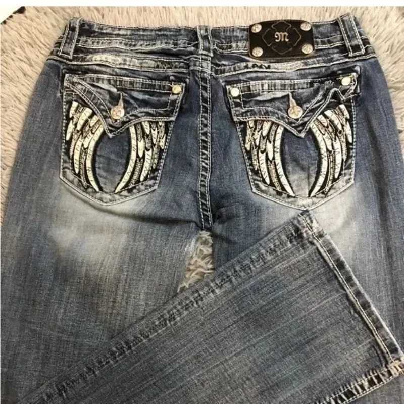 American Retro Miss Me Boots Tailored Baggy Jeans Female Y2K New Embroidered Wing Pocket Harajuku Gothic Hip-Hop Wide-Leg Jeans S260828KR8W
