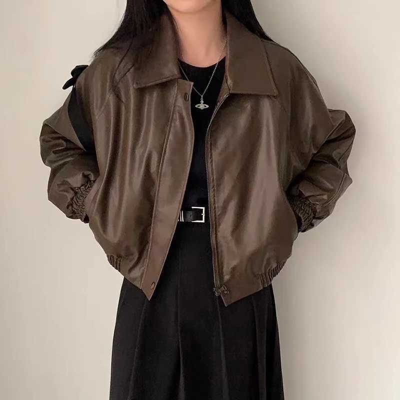 Winter Thick Fleece Pu Leather Jacket Women Y2K Korean Loose Streetwear Lapel Crop Coats Female Warm All Match Zipper Outerwear R240826