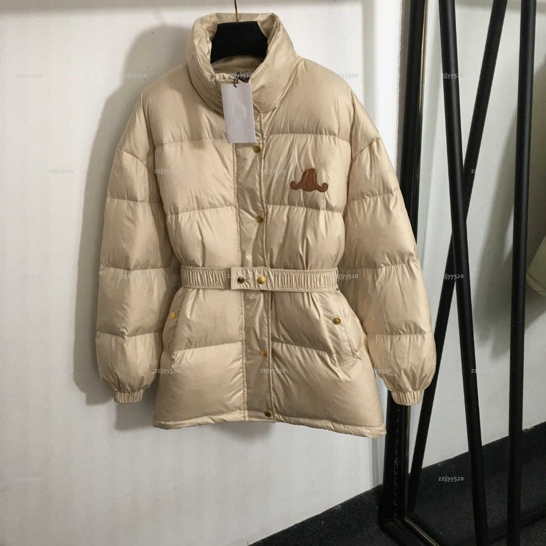 Brand women designer clothes Logo leather label elastic waist down jacket Stand collar hooded puff coat gold buckle zipper winter outerwear A404X16N