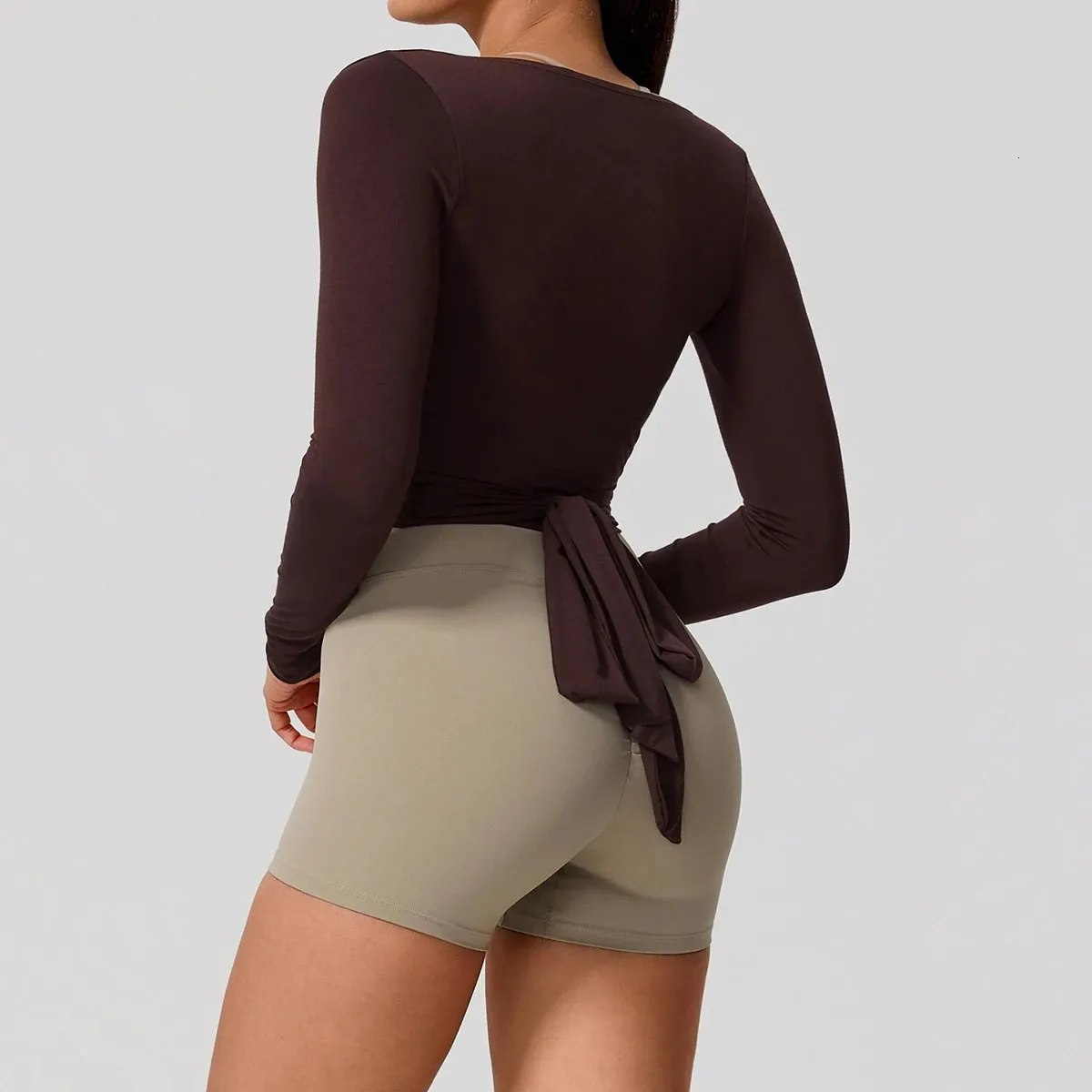 Summer Womens Yoga Shirt Long Sleeve Sportswear Gym Breathable Quick Dry Sports Top Pilates Dance Ballet Wrap Tie Front Slim Fit Stretchy Cute Cozy