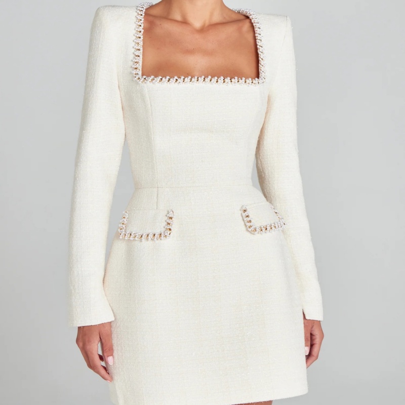 Femmes Col Carré À Manches Longues Tweed Mini Robe Strass Perle Garniture Décor Taille Ajustée Poche Design Élégant Cocktail Soirée Formelle Robe