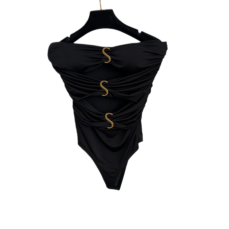 Sexy Hollow Strapless Rompers Bodysuit Women Gold Charming Letter Black Leotard Summer Beach Vacation Night Club Playsuit