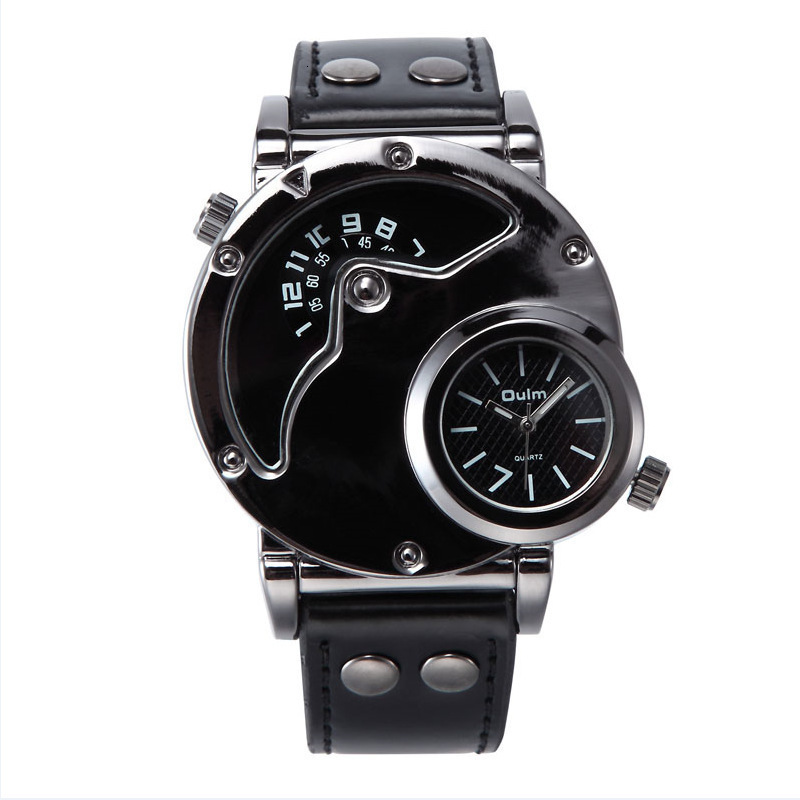 2026 Hot Sale Men Dual Time Zone Watch Oversized Dial Asymmetric Gunmetal Case Black Leather Rivet Strap Quartz Fashion Sport Personality Wristwatch
