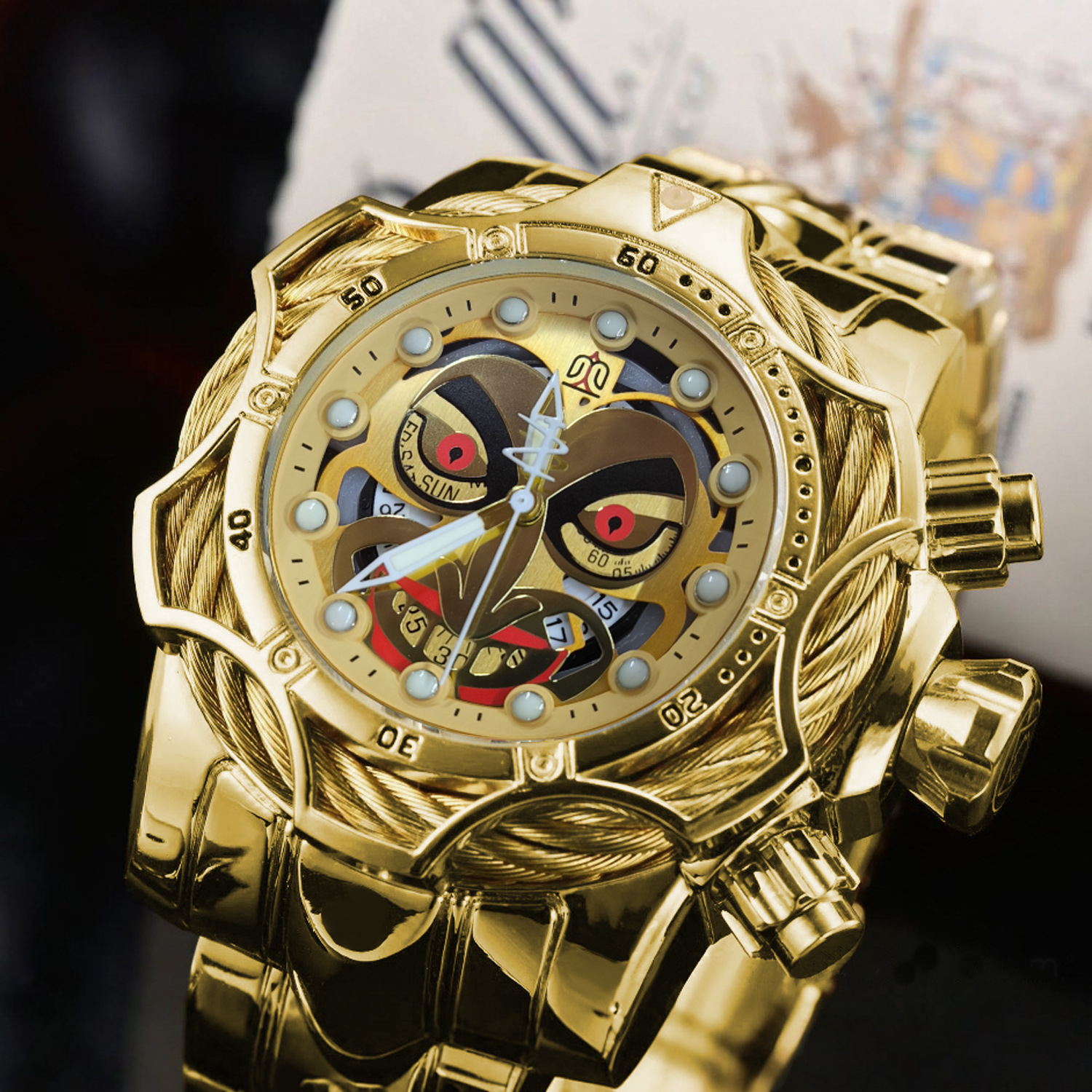 2026 Hot Sale Men Punk Joker Watch Large Dial Gold Case Cable Bezel Chronograph Date Gold Dial Luminous Markers Gold Metal Bracelet Quartz Street Wr
