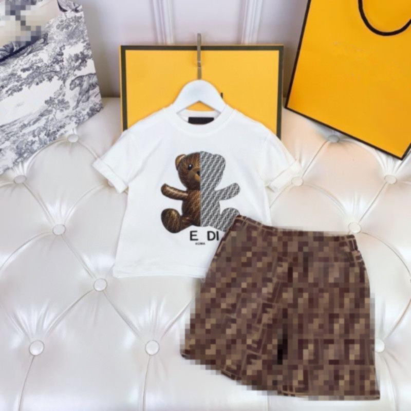 Boy and Girls Summer Short Sleeves Tees Shorts 2-piece Clothes Set Cartoon Letter Print Breathable 100% Cotton White T shirt Sports Casual Suit