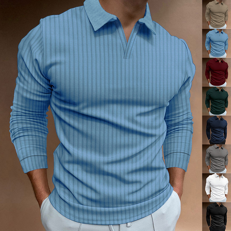 Designer European and American foreign trade m's autumn sports fitness casual stand up collar stretchy vertical stripe long sleeve V neck polo