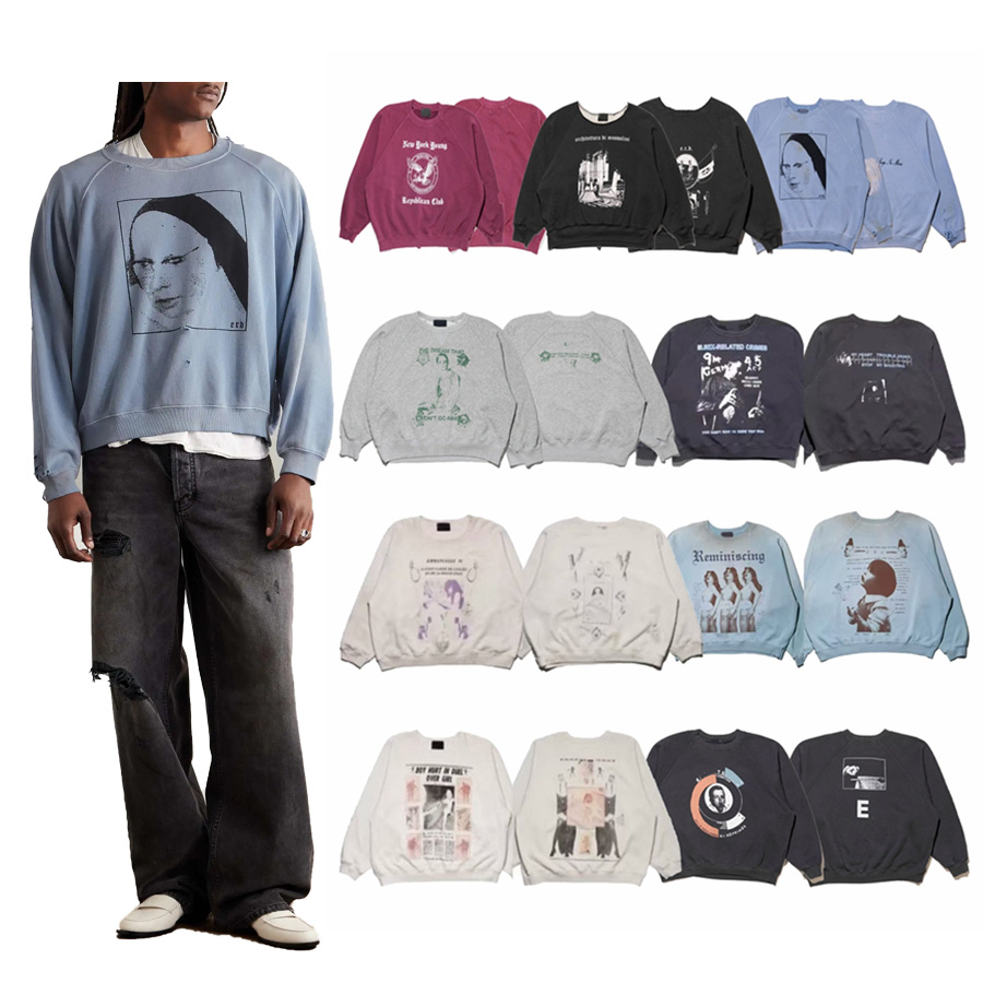 Vintage Washed Print Crewneck Sweatshirt Retro High Street Unisex Loose Long Sleeve Pullover Hoodies For Men Women