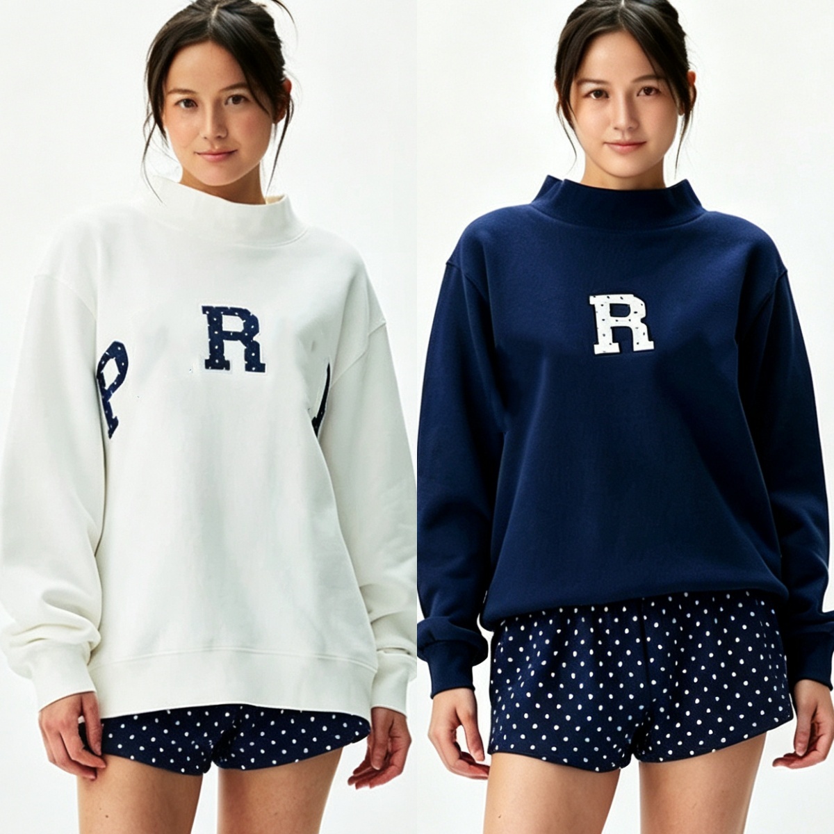 E7343 PAR Sweat à capuche patchwork à pois pour femme avec col haut, col montant, sweat-shirt surdimensionné décontracté pour femme, pull ample a