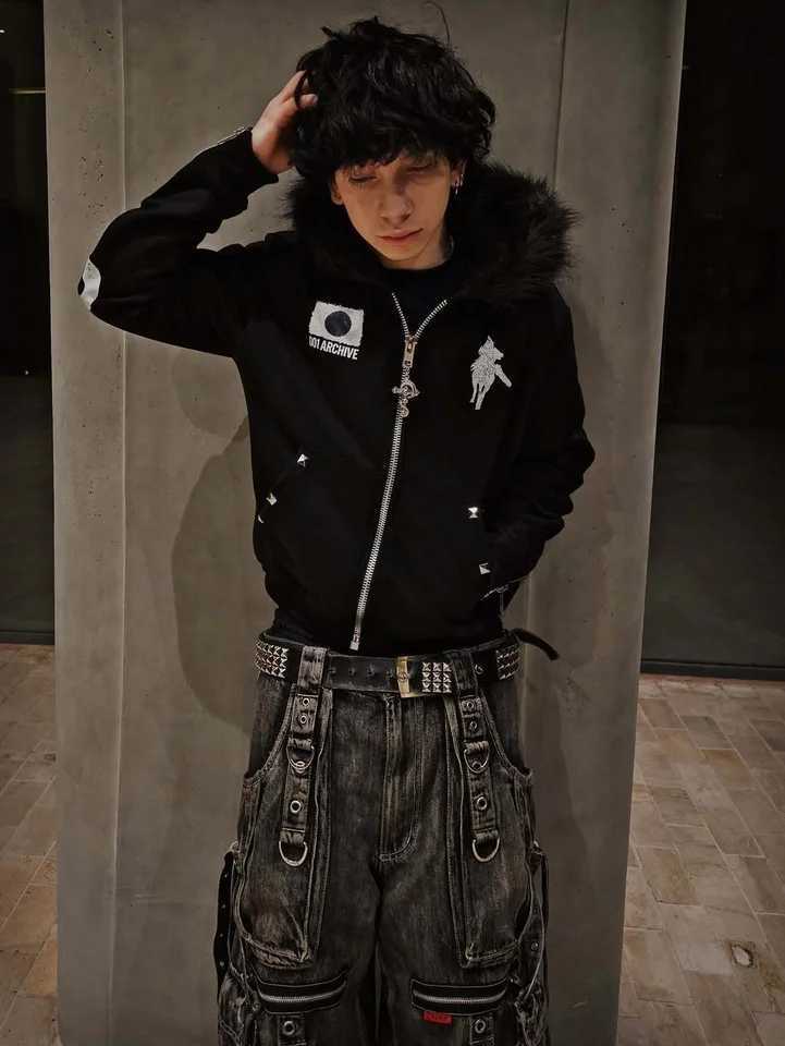 Unisex Faux Fur Hoodie with Zipper Y2K Dark Street Jacket Men's And Women's Printed Rivet Pocket Sleeve Outdated 001 Archive X260828