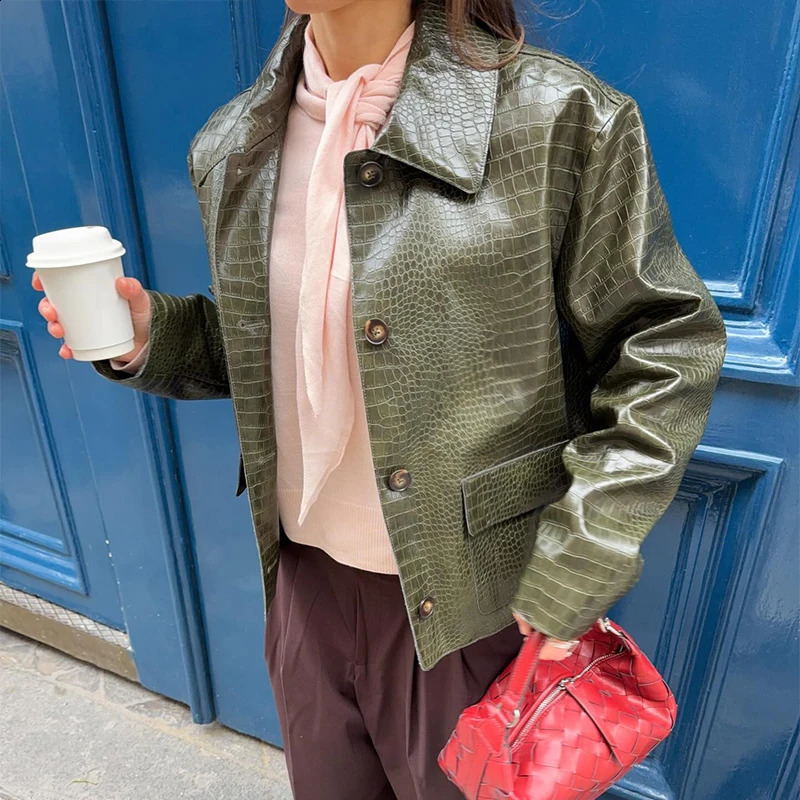 Crocodile Grain Women's Outerwear Lapel Long Sleeve Leather Jacket Vintage Olive Green Leather Coat Loose Cropped Fit Single 260828