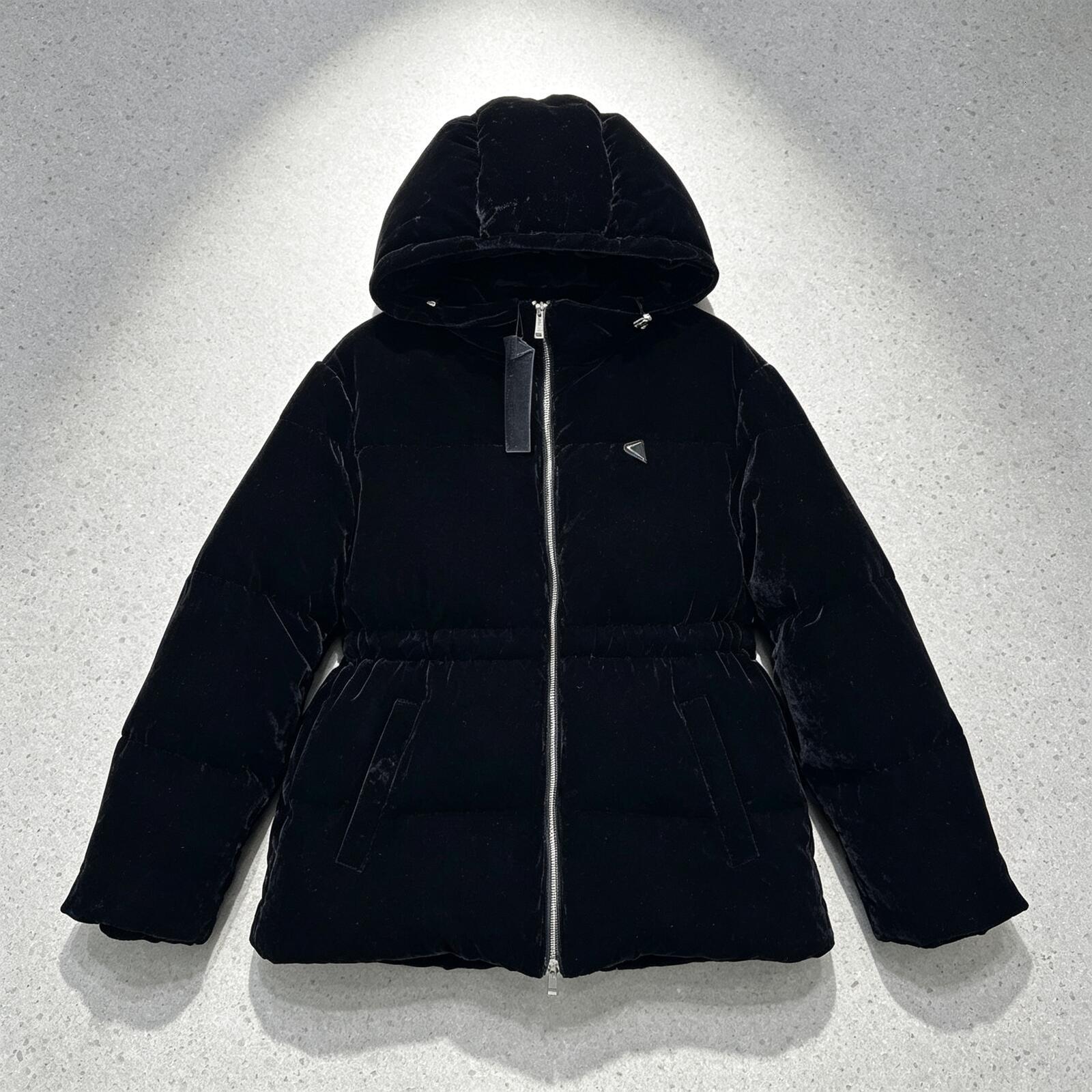 Velvet Hooded Puffer Down Jacket Loose Fit Velvet Black Elastic Waistband Full Zip Windproof Warm Winter Coat Brand logo triangle Casual Street Outf