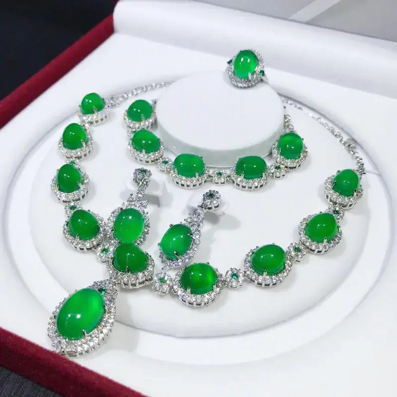 idal Jewelry Set Vintage Jade Diamond 925 Sterling Silver Engagement Wedding Rings bride matching suite Earrings Necklace Bracelet For Women Party J