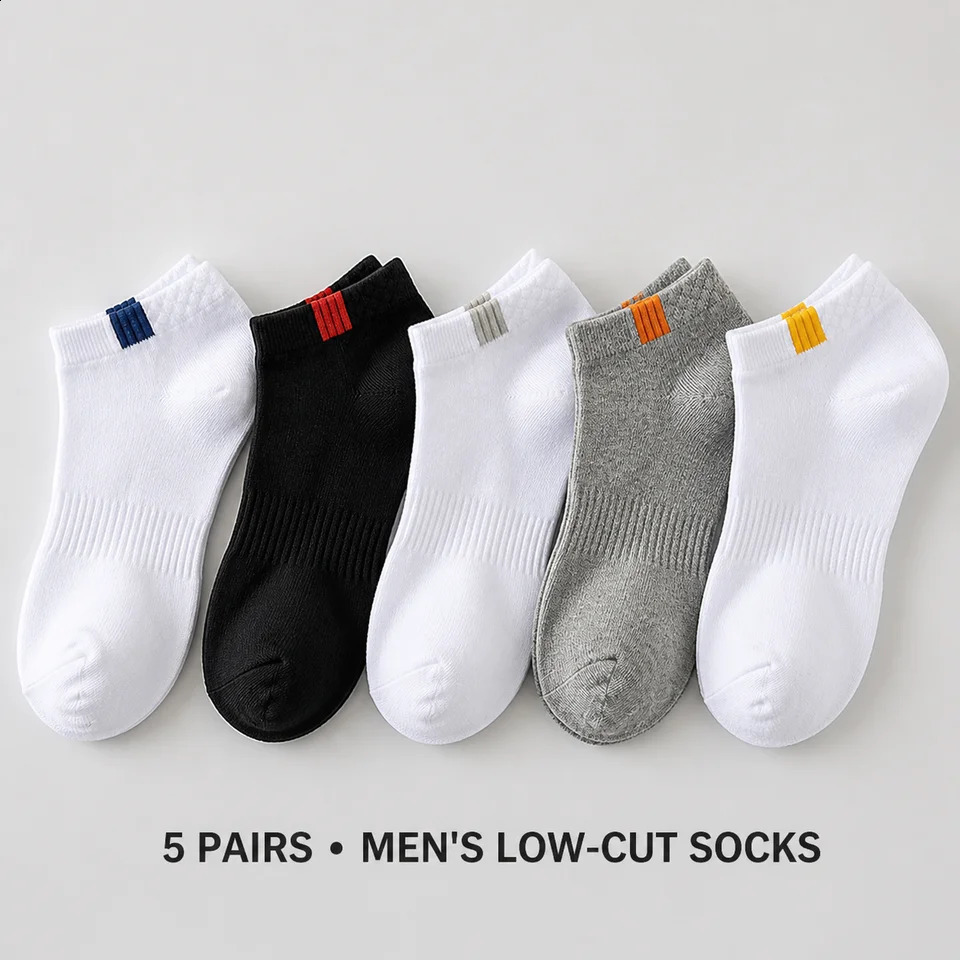 5 Pairs Mens Thin LowCut Ankle Socks Breathable Polyester Elastane Knit Casual Sports Boat One Size Mixed Colors 260828