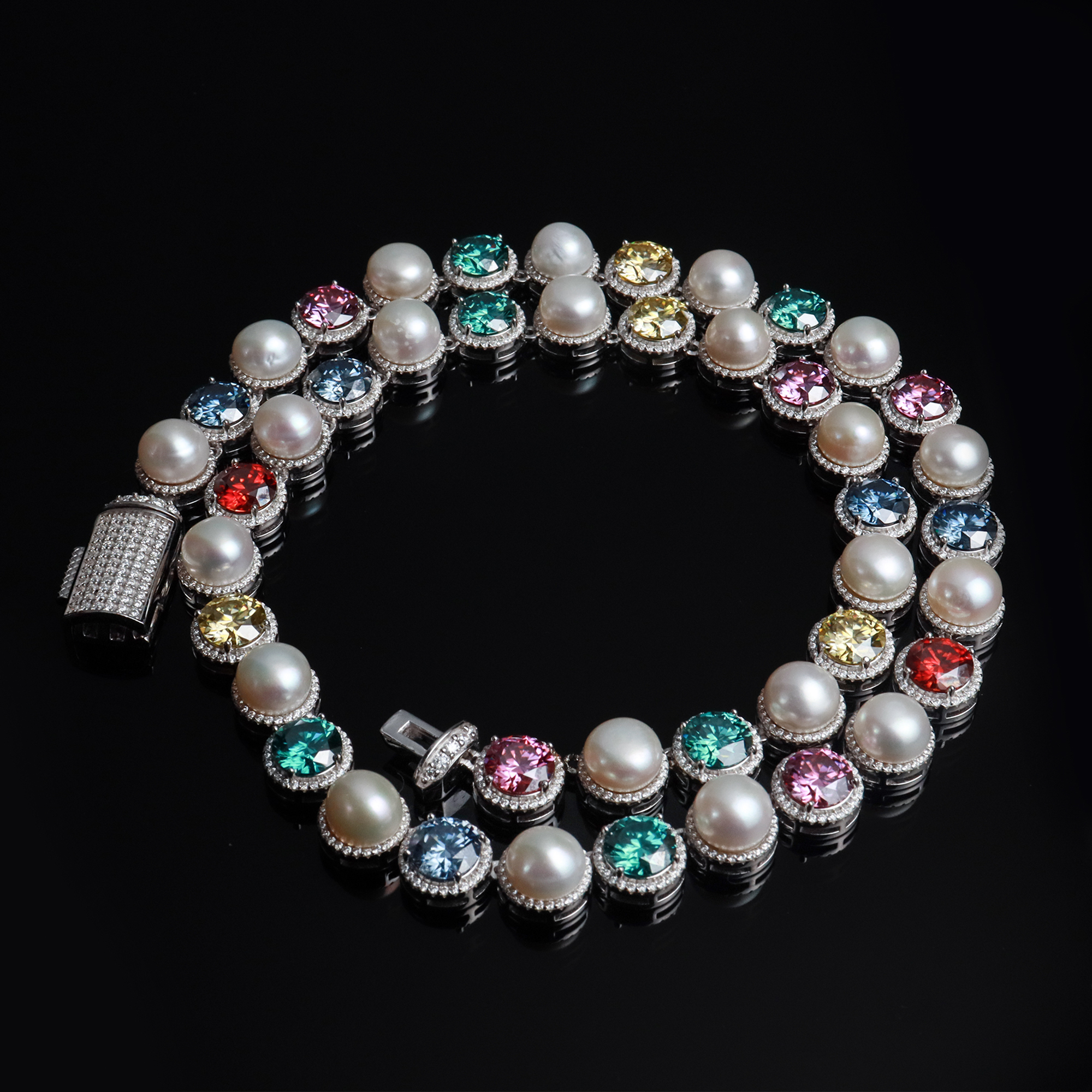 Pearl Series 925 Sterling Silver Mixed Colored VVS Moissanite Gemstone Freshwater Pearl Cluster Halo Tennis Chain Necklace